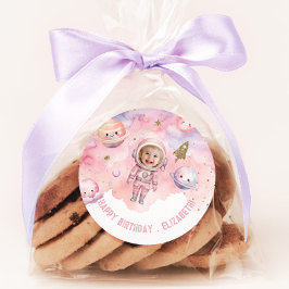 Buitenste ruimtemeisje Astronaut Roze foto verjaar Ronde Sticker