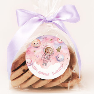 Buitenste ruimtemeisje Astronaut Roze foto verjaar Ronde Sticker