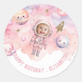 Buitenste ruimtemeisje Astronaut Roze foto verjaar Ronde Sticker (Voorkant)