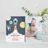 Buitenste Ruimteschip Boy 1e verjaardag Uitnodigin Kaart (Staand voorkant)