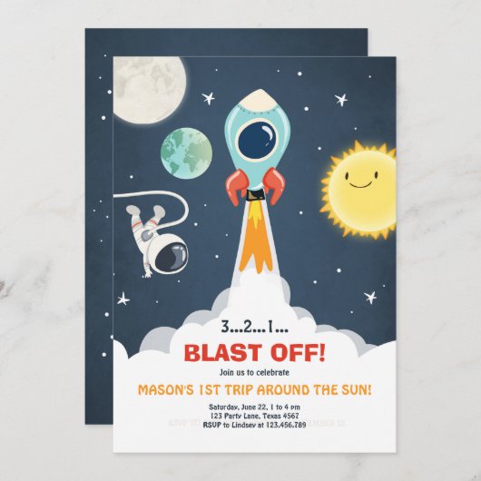 Buitenste Ruimteschip Boy 1e verjaardag Uitnodigin Kaart (Voorkant / Achterkant)