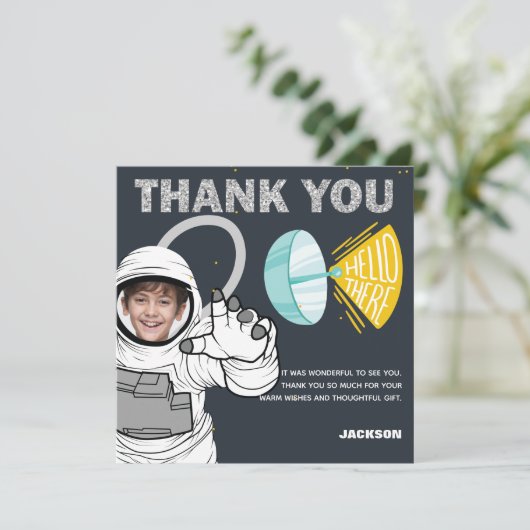 Buitenste Space Blast Off Astronaut Foto Verjaarda Bedankkaart (Staand voorkant)
