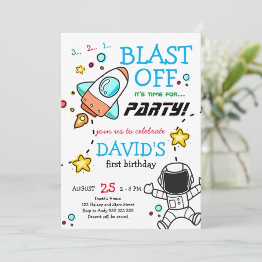 Buitenste Space Blast Off Rocket Boy Eerste Verjaa Kaart (Staand voorkant)