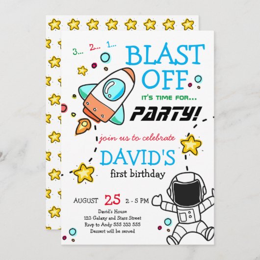 Buitenste Space Blast Off Rocket Boy Eerste Verjaa Kaart (Voorkant / Achterkant)