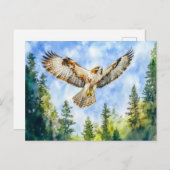 Buizerd vliegen over een dennenbos waterverf verf briefkaart (Voorkant / Achterkant)