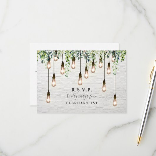  Bulbs Greenery White Brick Wedding RSVP Kaartje (Voorkant / Achterkant in situ)