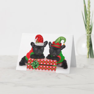 buldog puppy met de gift van Kerstmis Feestdagen Kaart