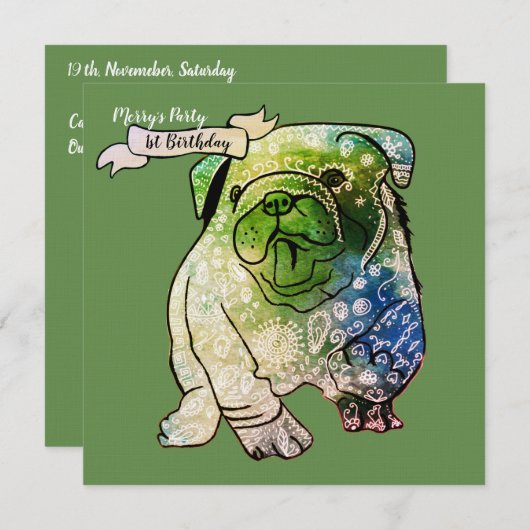 Buldog Puppy Verjaardag Uitnodiging Franse Bulldog (Voorkant / Achterkant)