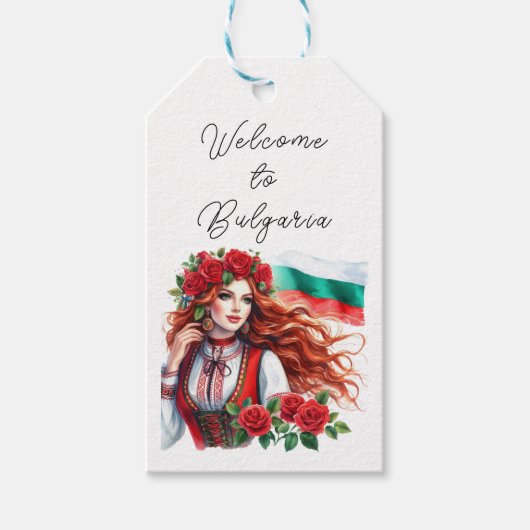 Bulgaarse Vlag Traditie Folklore Vrouw Rode Rozen Cadeaulabel (Voorkant)
