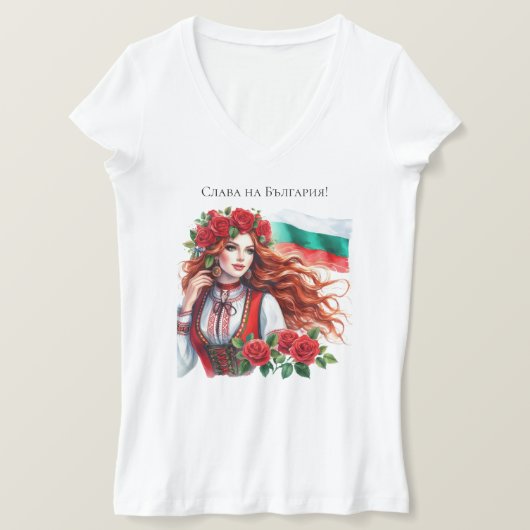 Bulgaarse Vlag Traditie Folklore Vrouw Rode Rozen T-shirt (Design voorkant)