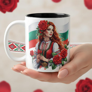 Bulgaarse Vlag Traditie Folklore Vrouw Rode Rozen Tweekleurige Koffiemok