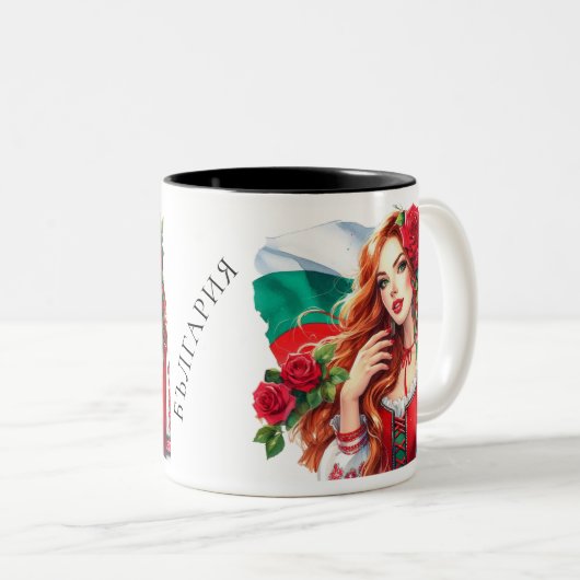 Bulgaarse Vlag Traditie Folklore Vrouw Rode Rozen Tweekleurige Koffiemok (Voorkant rechts)