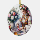 Bulgaarse Waterverf vrouw bloeit eitjes Keramisch Ornament (Rechts)