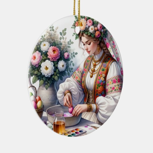 Bulgaarse Waterverf vrouw bloeit eitjes Keramisch Ornament (Rechts)