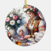 Bulgaarse Waterverf vrouw bloeit eitjes Keramisch Ornament (Voorkant)