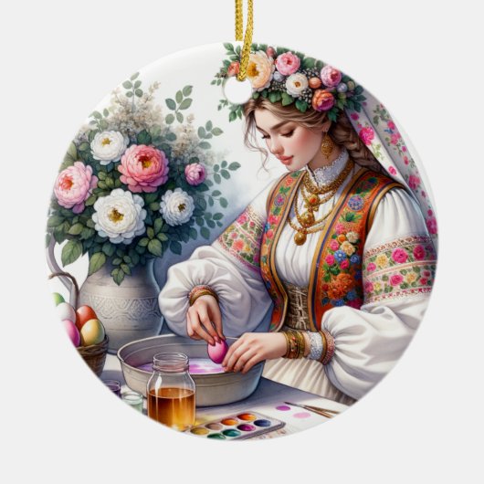 Bulgaarse Waterverf vrouw bloeit eitjes Keramisch Ornament (Voorkant)