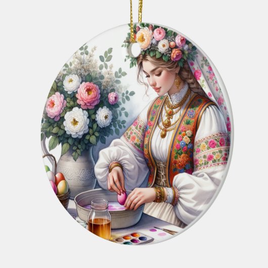 Bulgaarse Waterverf vrouw bloeit eitjes Keramisch Ornament (Links)