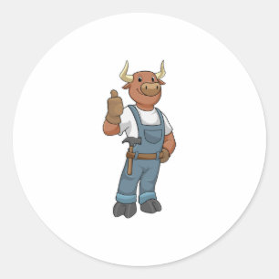 Bull as Handyman with Hammer Ronde Sticker