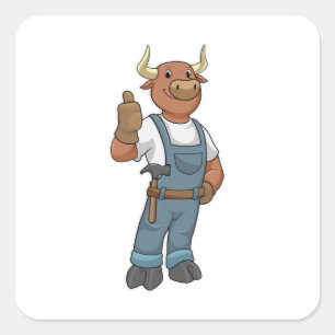 Bull as Handyman with Hammer Vierkante Sticker