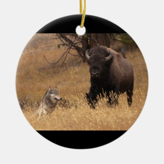Bull Bison en Wolf Keramisch Ornament (Voorkant)