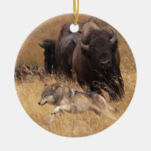 Bull Bison, Vrouw en Wolf Keramisch Ornament (Voorkant)
