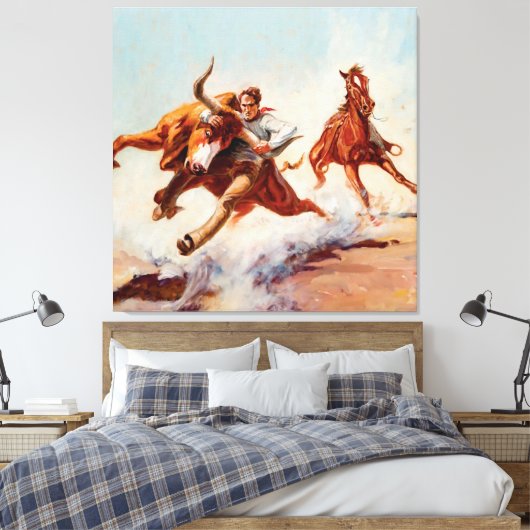 "Bull Dogger" Westerne kunst van Will James Canvas Afdruk (Insitu (Slaapkamer))