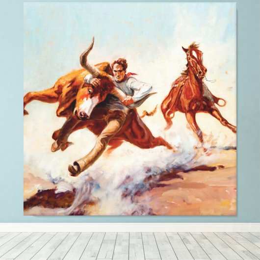 "Bull Dogger" Westerne kunst van Will James Canvas Afdruk (Insitu (Houten vloer))