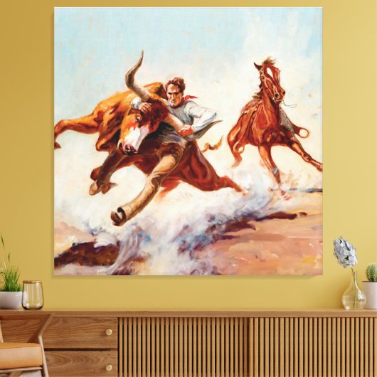 "Bull Dogger" Westerne kunst van Will James Canvas Afdruk (Insitu (Woonkamer))