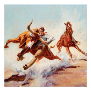 "Bull Dogger" Westerne kunst van Will James Foto Afdruk