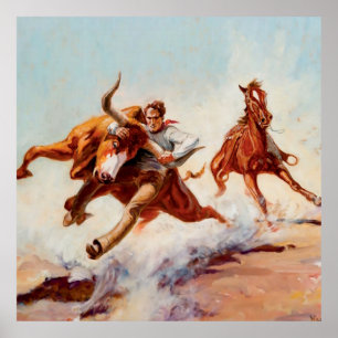 "Bull Dogger" Westerne kunst van Will James Poster