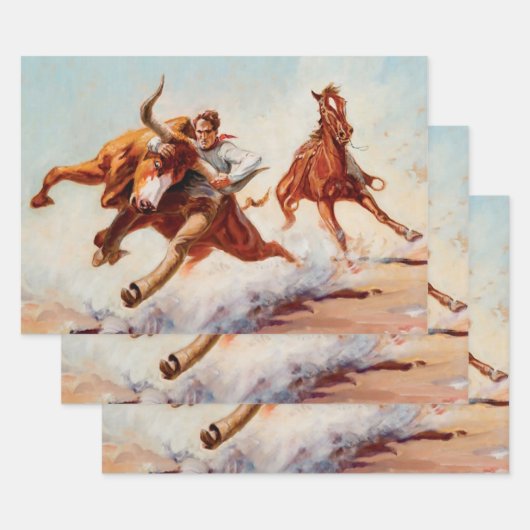 “Bull Dogger” Westerse kunst van Will James Inpakpapier Vel (Set)