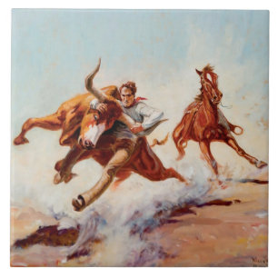 “Bull Dogger” Westerse kunst van Will James Tegeltje