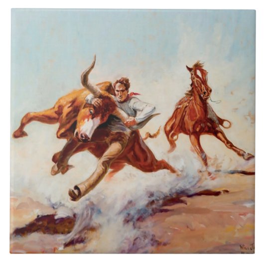 “Bull Dogger” Westerse kunst van Will James Tegeltje (Voorkant)