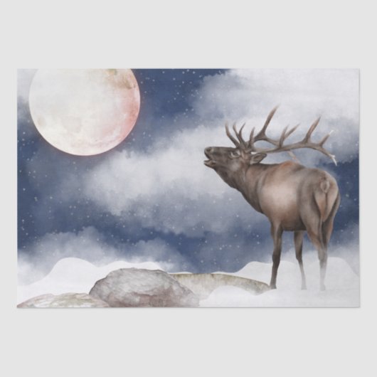 Bull Elk Bugling bij het volledige Moon-gebergte Tissuepapier (Voorkant)
