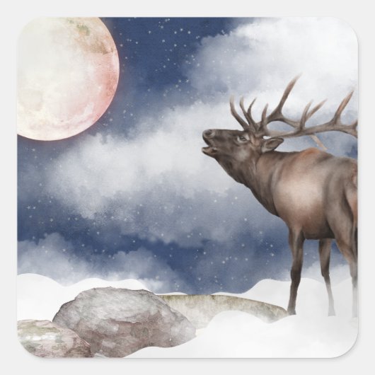 Bull Elk Bugling bij het volledige Moon-gebergte Vierkante Sticker (Voorkant)