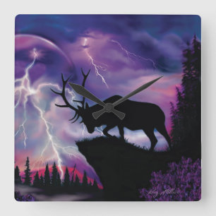 Bull Elk met uitzicht op Lightning-Storm Vierkante Klok