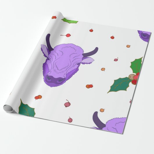 Bull, heilig, mistletoe en bessen. Het symbool van Cadeaupapier (Uitgerold)