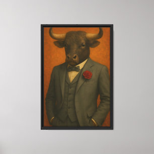 Bull in Tuxedo met Roos Ingelijste Canvas Muurkuns Afdruk