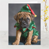 Bull Mastiff Elf Puppy Kerst Kaart (Gele Bloem)