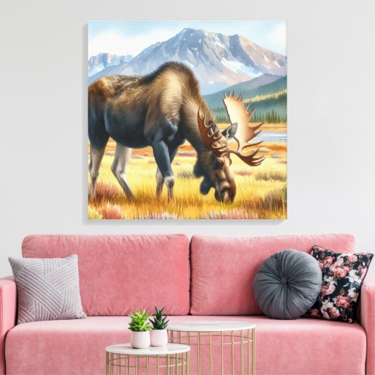 Bull Moose Grazing in Alaska Waterverf Canvas Afdruk (Insitu (Woonkamer))