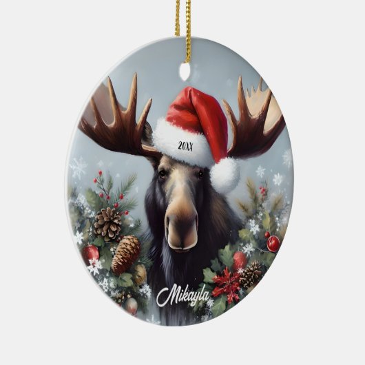Bull Moose in een kerstmuts Keramisch Ornament (Rechts)