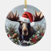 Bull Moose in een kerstmuts Keramisch Ornament (Voorkant)