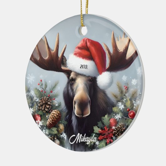 Bull Moose in een kerstmuts Keramisch Ornament (Links)