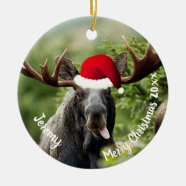 Bull Moose in Santa Hat Ceramic Ornament