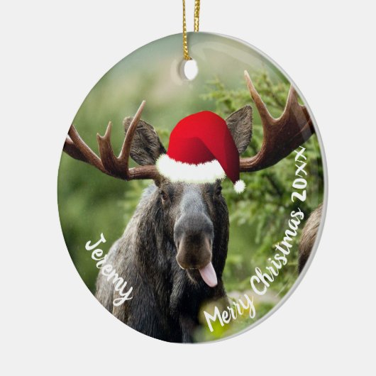 Bull Moose in Santa Hat Ceramic Ornament (Links)