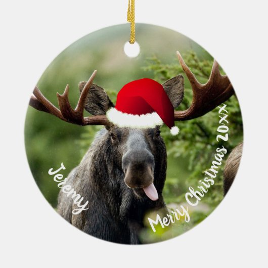 Bull Moose in Santa Hat Ceramic Ornament (Achterkant)