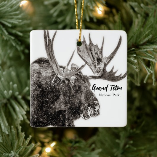Bull Moose in Snow Grand Teton Keramisch Ornament (Boom)