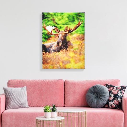 Bull Moose Laying Down Waterverf Paint Wildlife Canvas Afdruk (Insitu (Woonkamer))