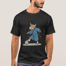 Bull playing soccer in karate kimono t-shirt