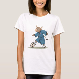 Bull playing soccer in karate kimono t-shirt